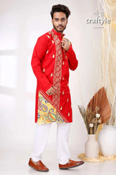 Candy red multithread kantha work cotton punjabi for men embroidered kurta white pants 4