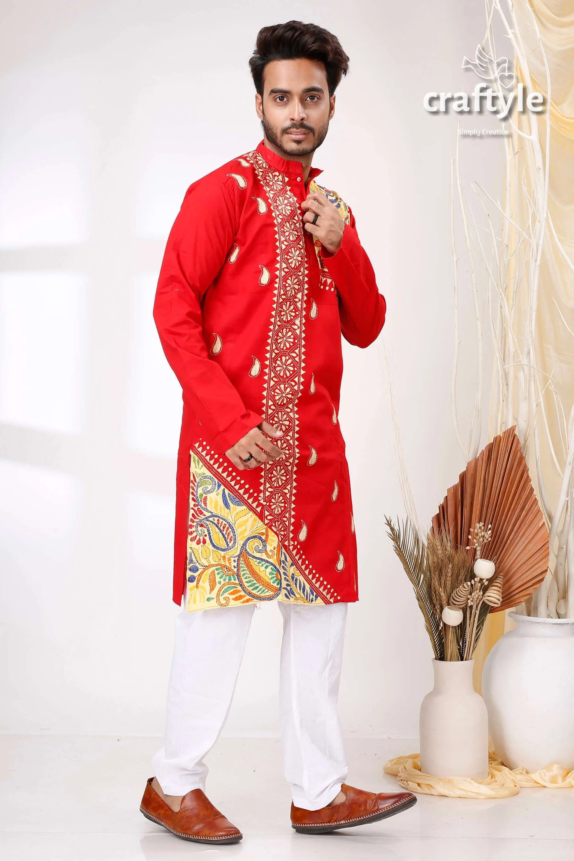 Candy red multithread kantha work cotton punjabi for men embroidered kurta white pants 4