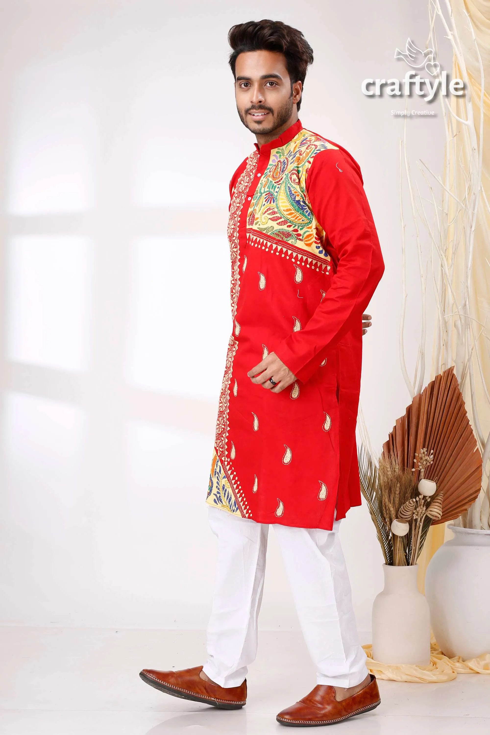 Candy red multithread kantha work cotton punjabi for men kurta white pants brown 3
