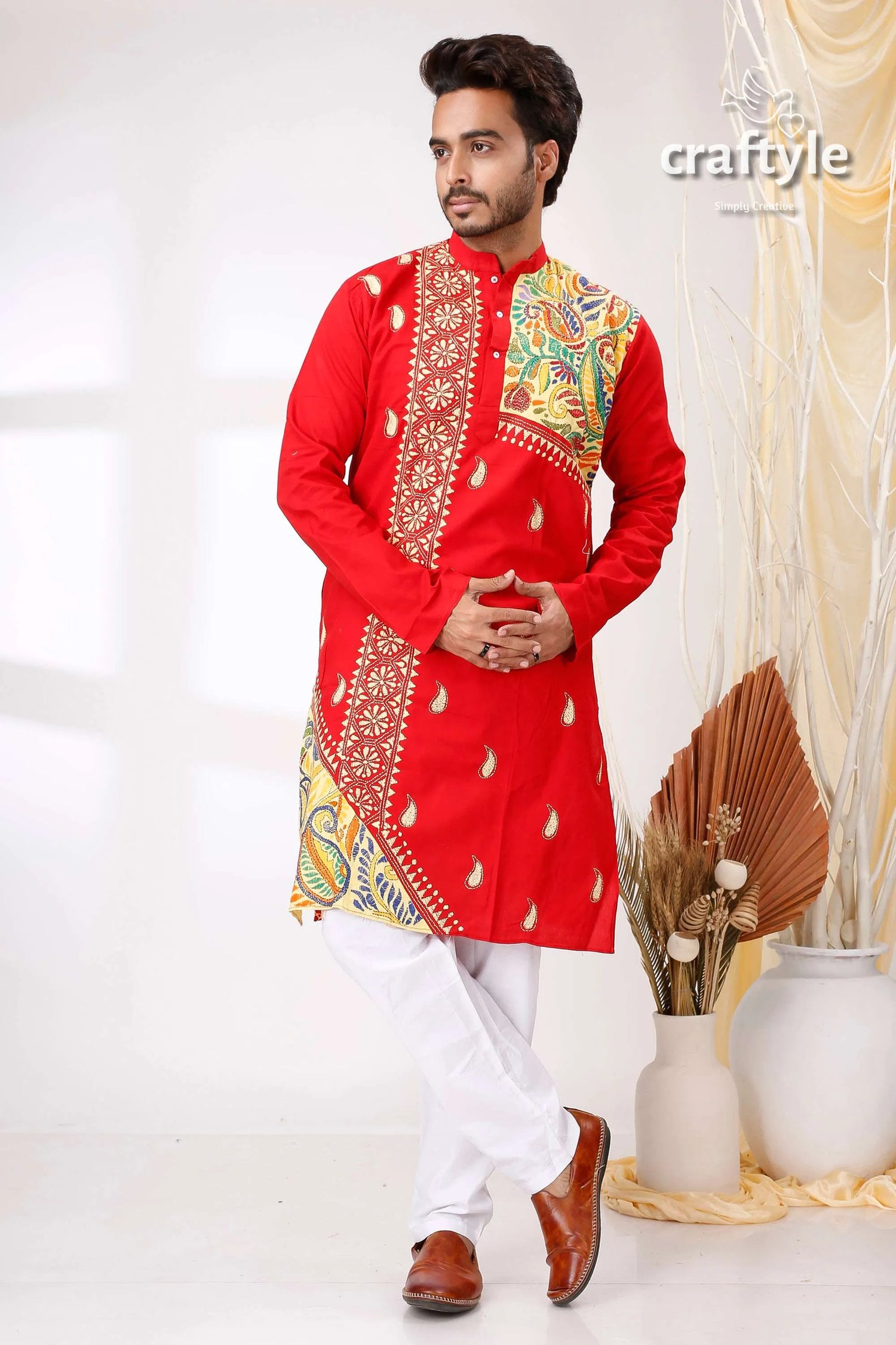 Candy red multithread kantha work cotton punjabi for men kurta colorful embroidery 1