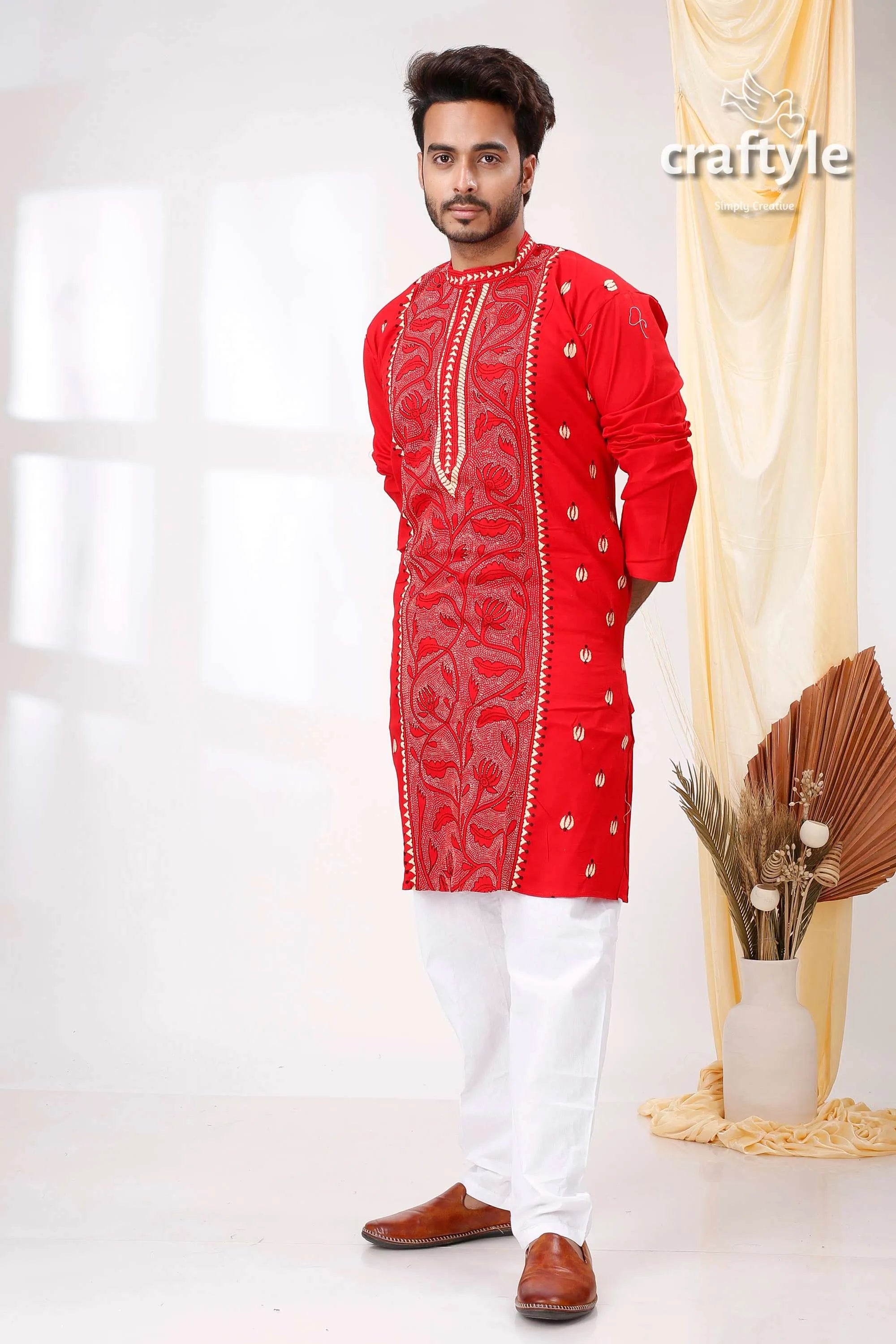 Candy red reverse kantha work hand embroidered cotton mens kurta gold thread 1