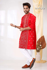 Candy red reverse kantha work hand embroidered cotton mens kurta gold thread 3