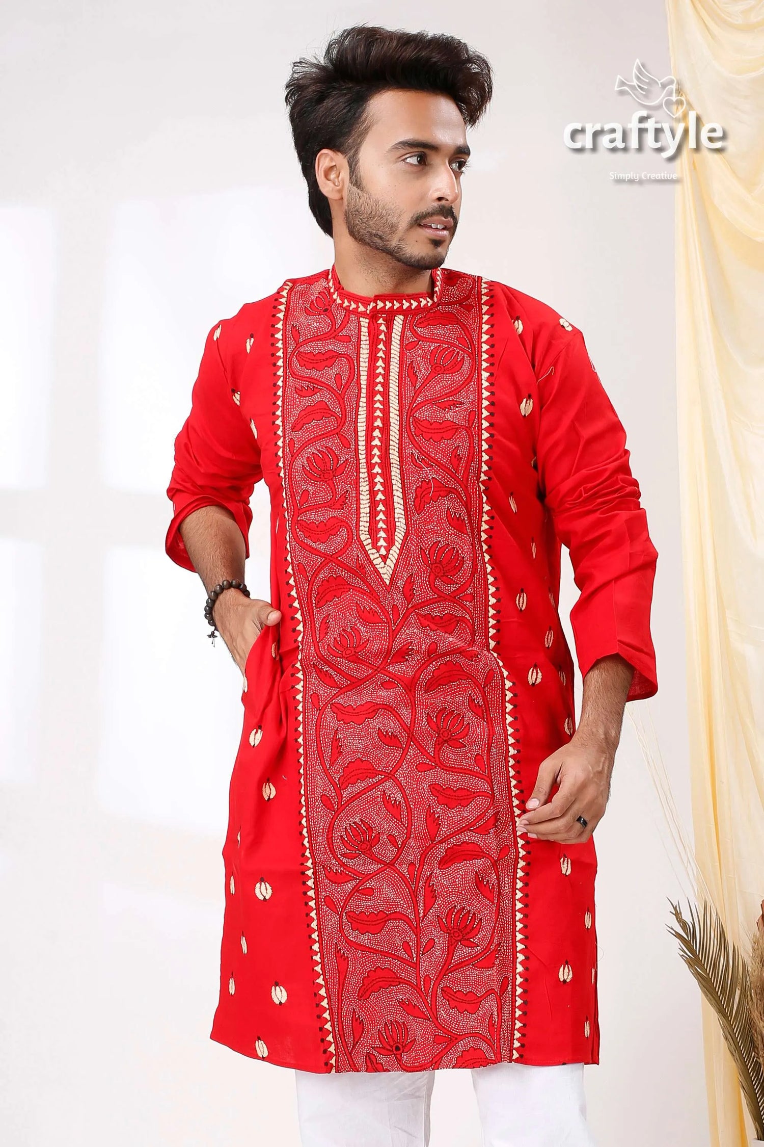 Candy red reverse kantha work hand embroidered cotton mens kurta intricate floral 2