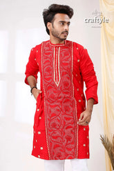 Candy red reverse kantha work hand embroidered cotton mens kurta intricate floral 2