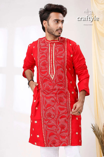 Candy red reverse kantha work hand embroidered cotton mens kurta intricate floral 2