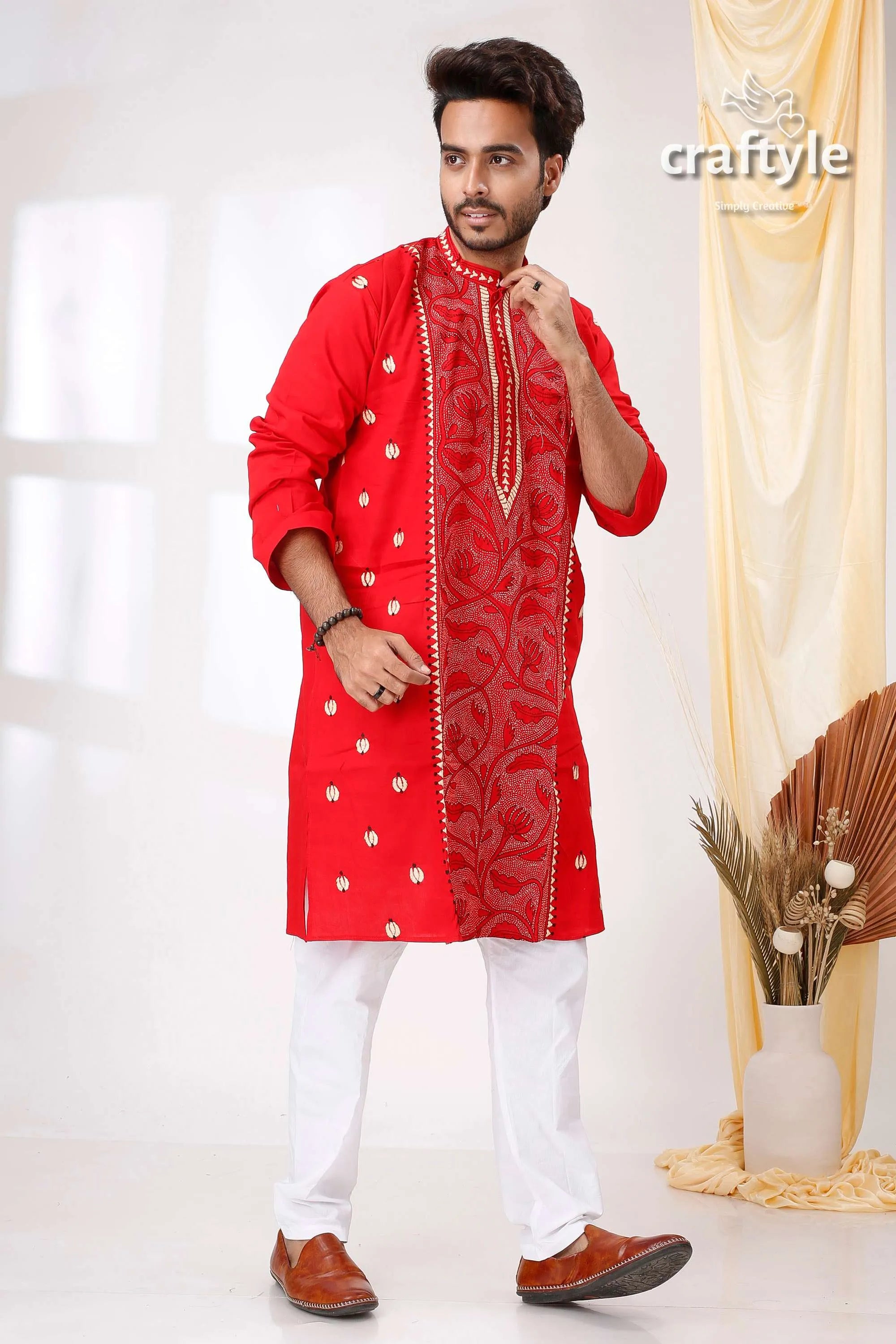 Candy red reverse kantha work hand embroidered cotton mens kurta vibrant intricate 4
