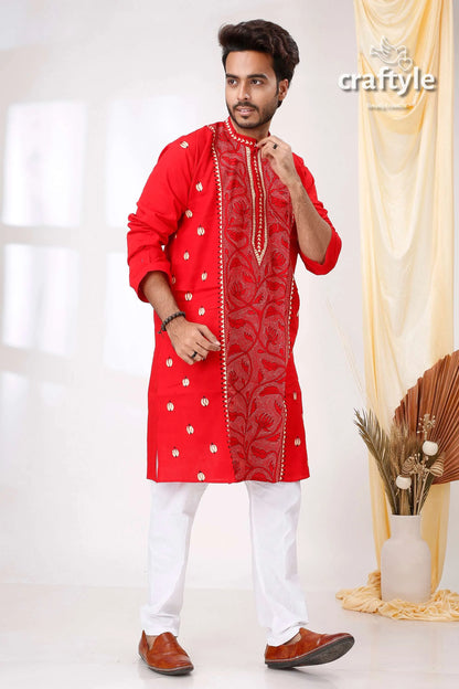 Candy red reverse kantha work hand embroidered cotton mens kurta vibrant intricate 4