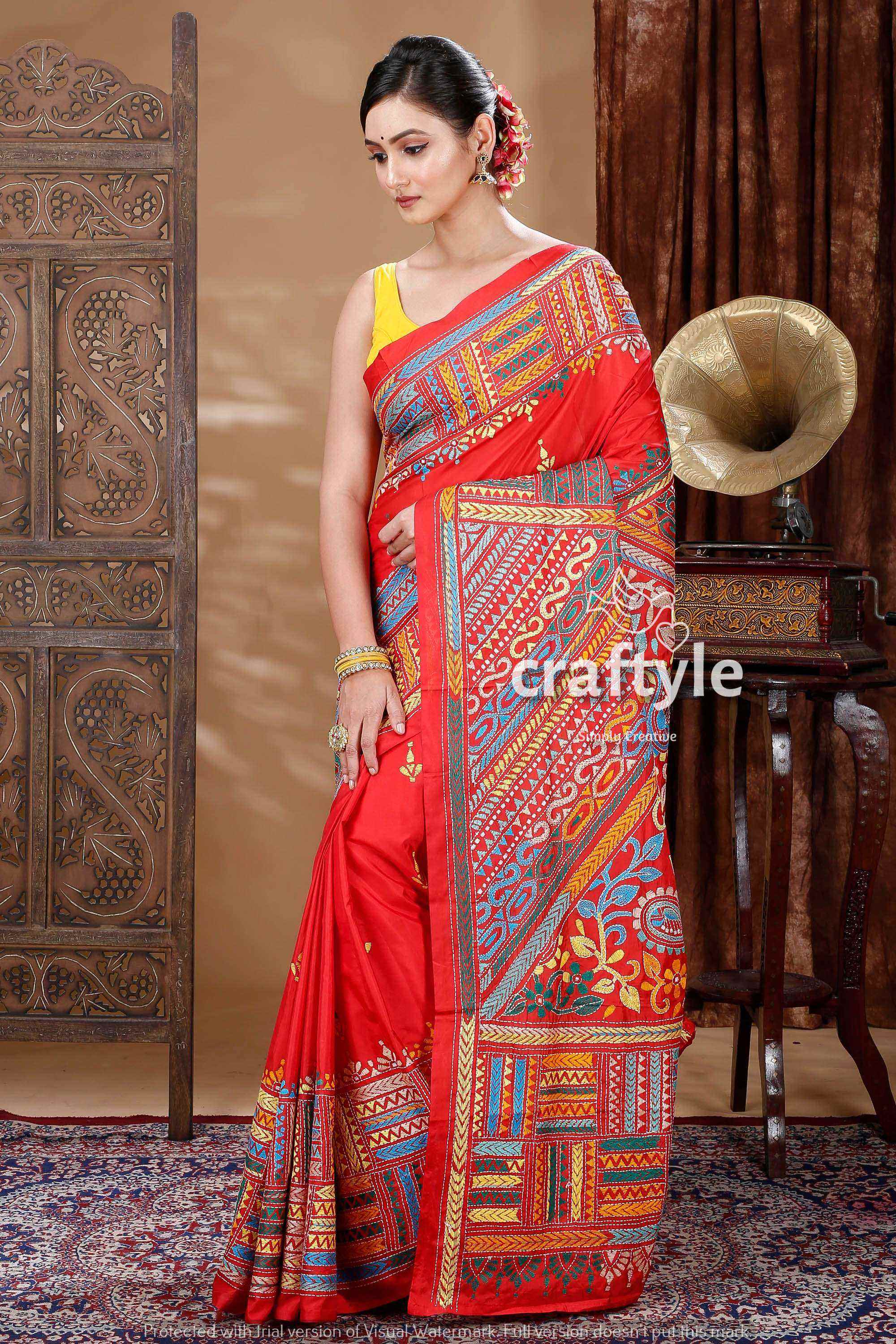 Candy Red Silk Kantha Stitch Saree-Craftyle