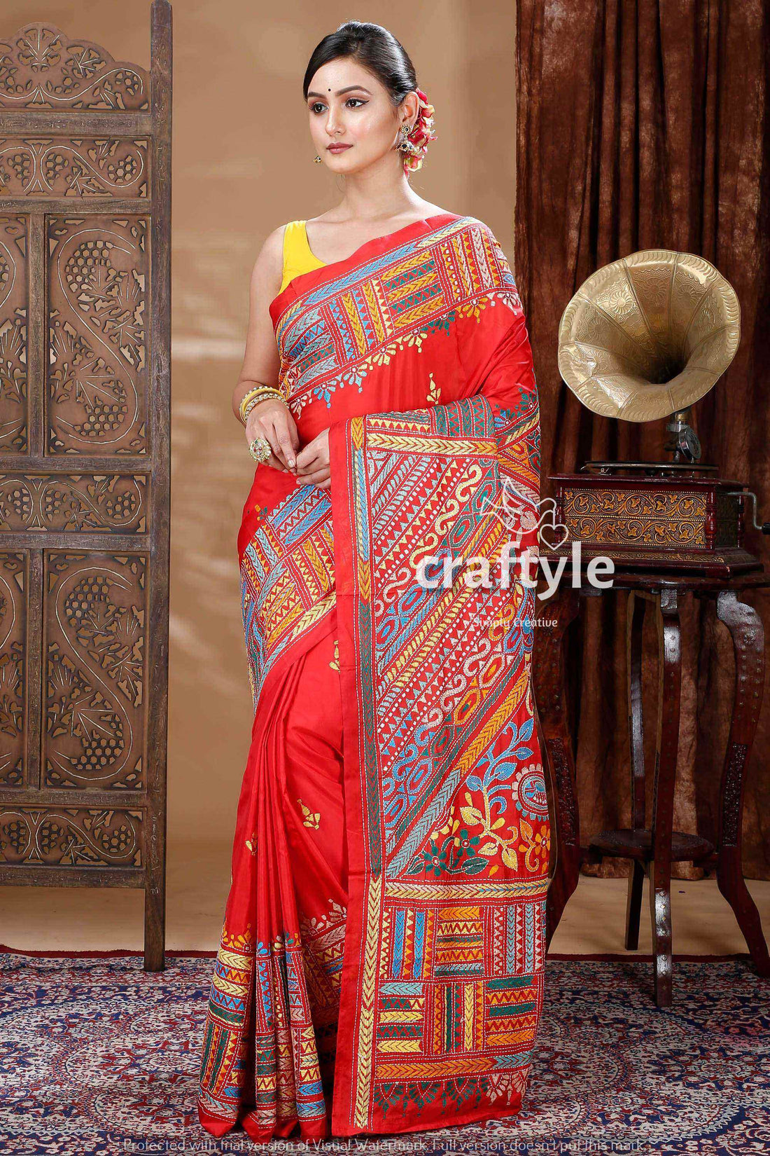 Candy Red Silk Kantha Stitch Saree-Craftyle