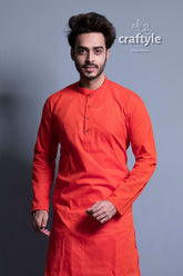 Candy Red Solid Color Cotton Kurta for Men - Craftyle