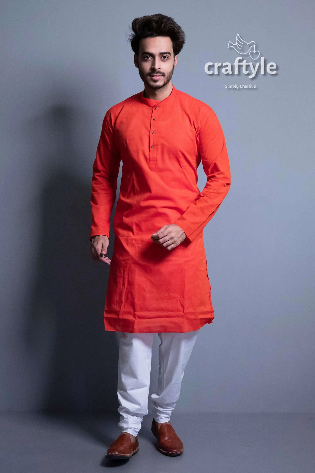 Candy red solid color cotton kurta for men man orange kurta white pants 1