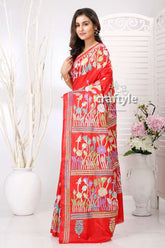 Candy Red Tulip Design Hand Embroidered Silk Kantha Saree - Craftyle