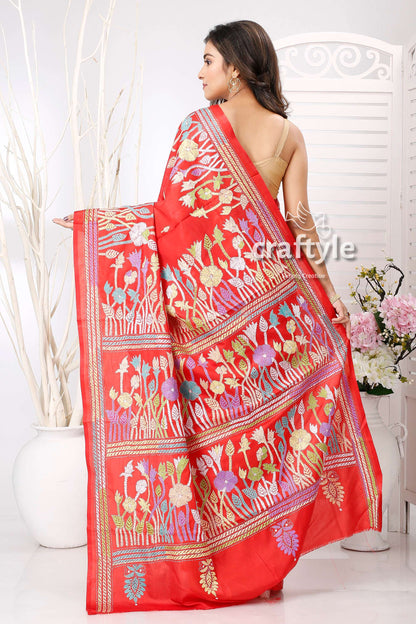 Candy Red Tulip Design Hand Embroidered Silk Kantha Saree - Craftyle