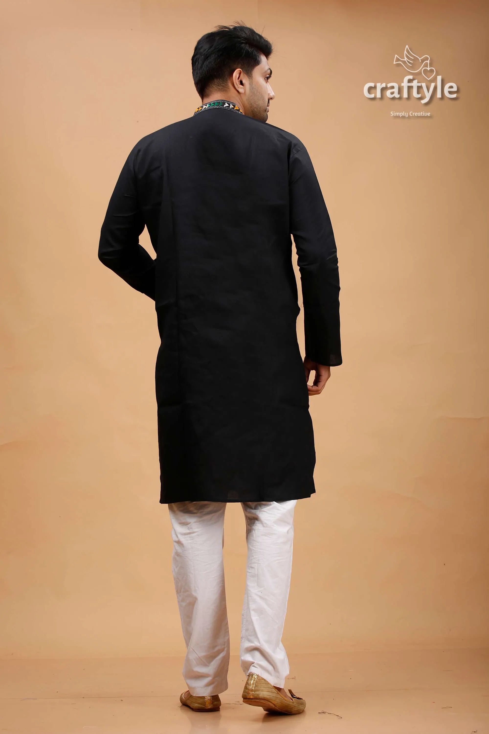 Carbon balck multithread kantha work cotton kurta for men black colorful embroidered 5