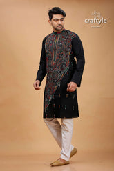 Carbon balck multithread kantha work cotton kurta for men black embroidered intricate floral 3