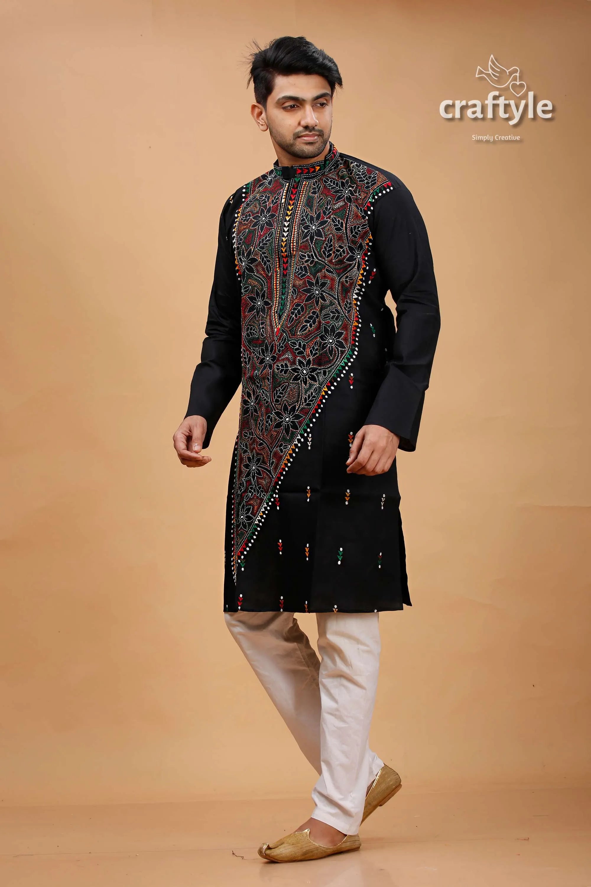 Carbon balck multithread kantha work cotton kurta for men black embroidered intricate floral 3
