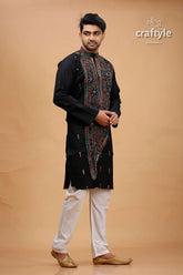 Carbon balck multithread kantha work cotton kurta for men black embroidered intricate red 4