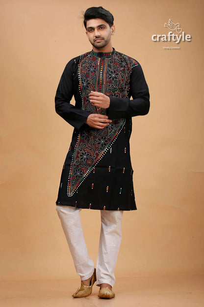 Carbon balck multithread kantha work cotton kurta for men black embroidered intricate floral 1
