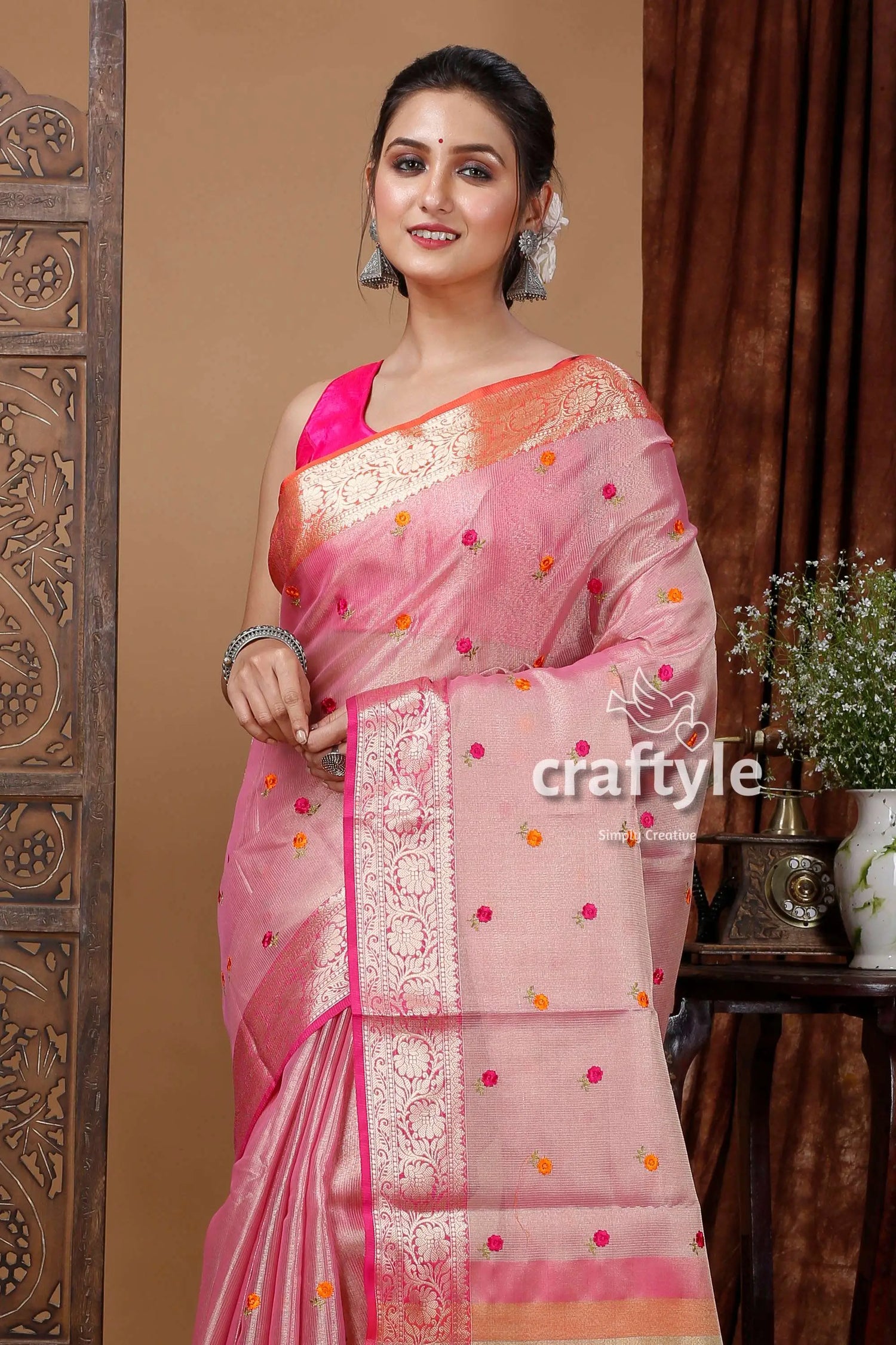 Careys pink soft silk tissue organza saree - luxurious and elegant pink silk saree floral motifs 2