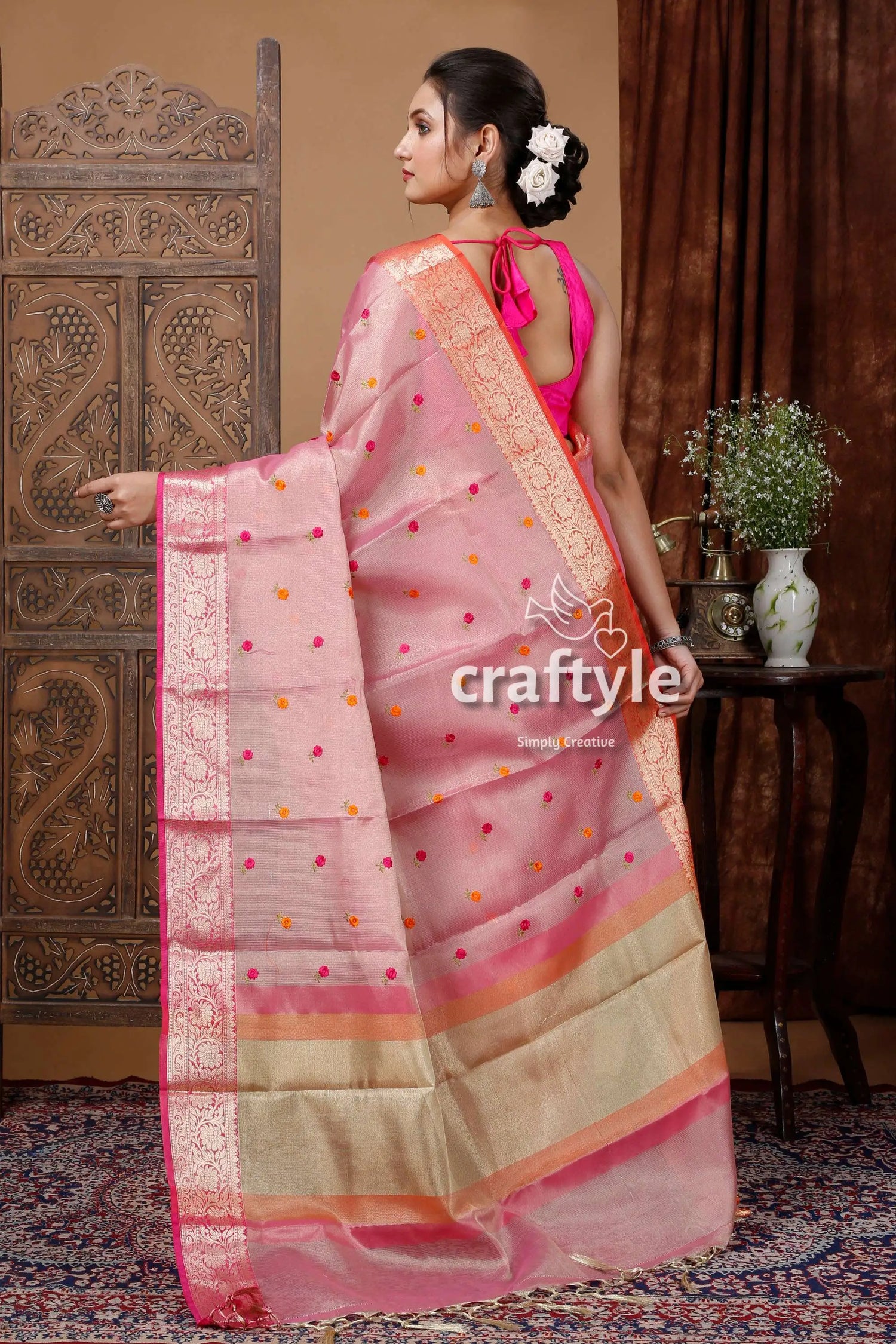 Careys pink soft silk tissue organza saree - luxurious and elegant pink gold saree 5