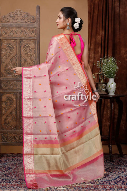 Careys pink soft silk tissue organza saree - luxurious and elegant pink gold saree 5