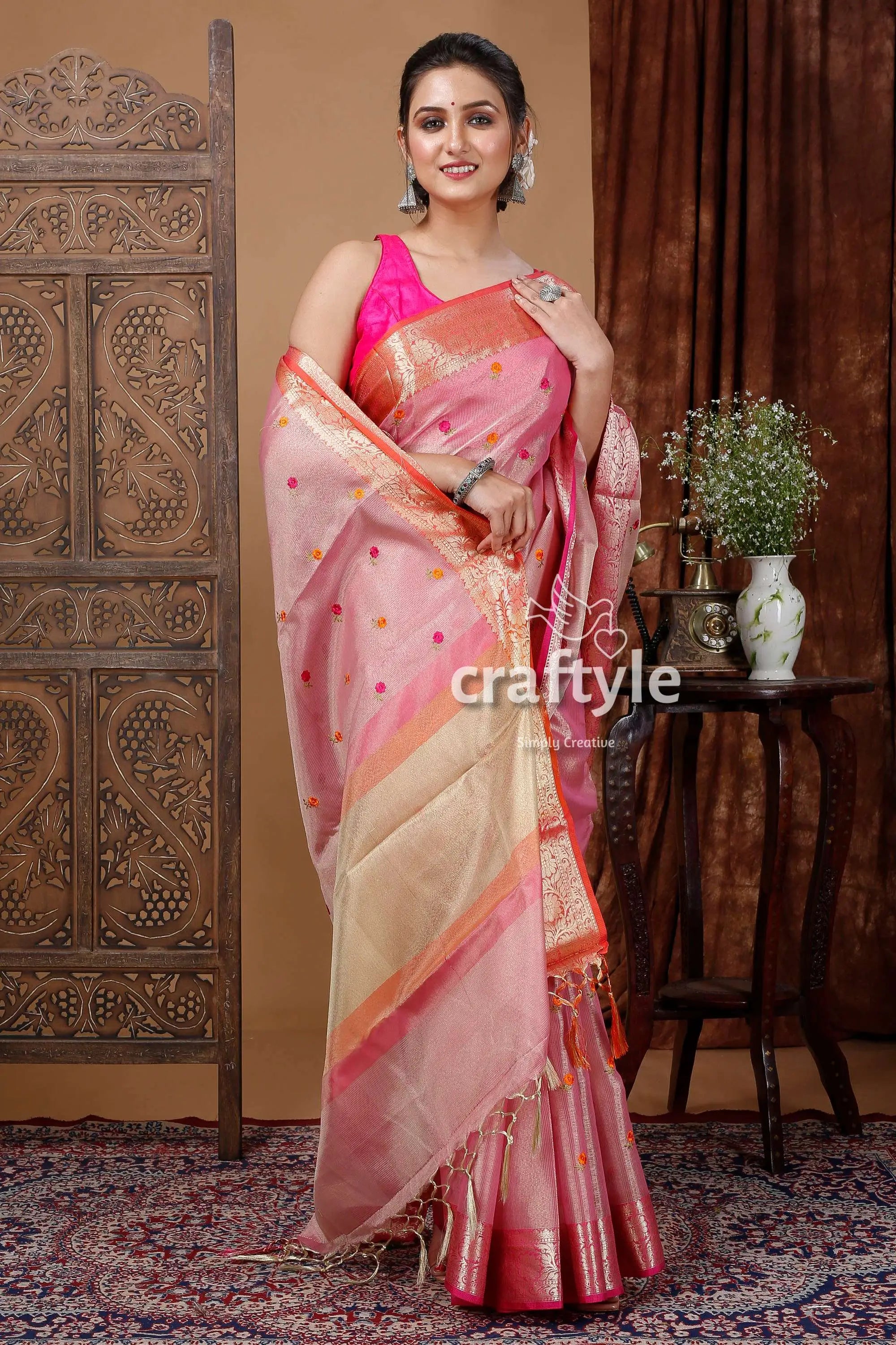 Careys pink soft silk tissue organza saree - luxurious and elegant pink gold saree 4