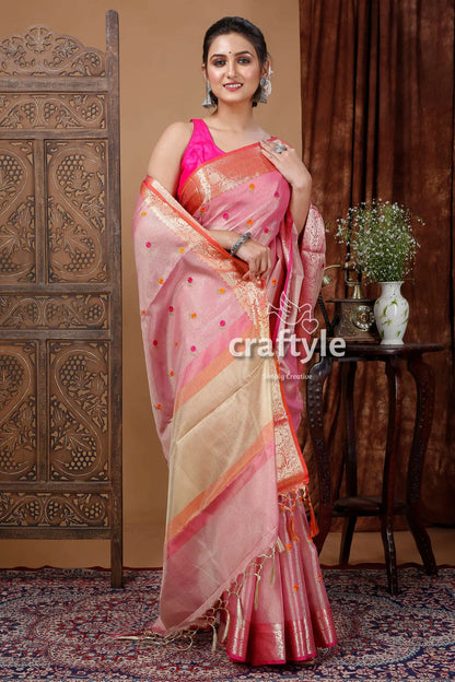 Careys pink soft silk tissue organza saree - luxurious and elegant pink gold saree 4