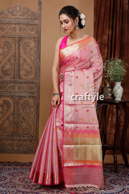 Careys pink soft silk tissue organza saree - luxurious and elegant pink saree colorful accents 3