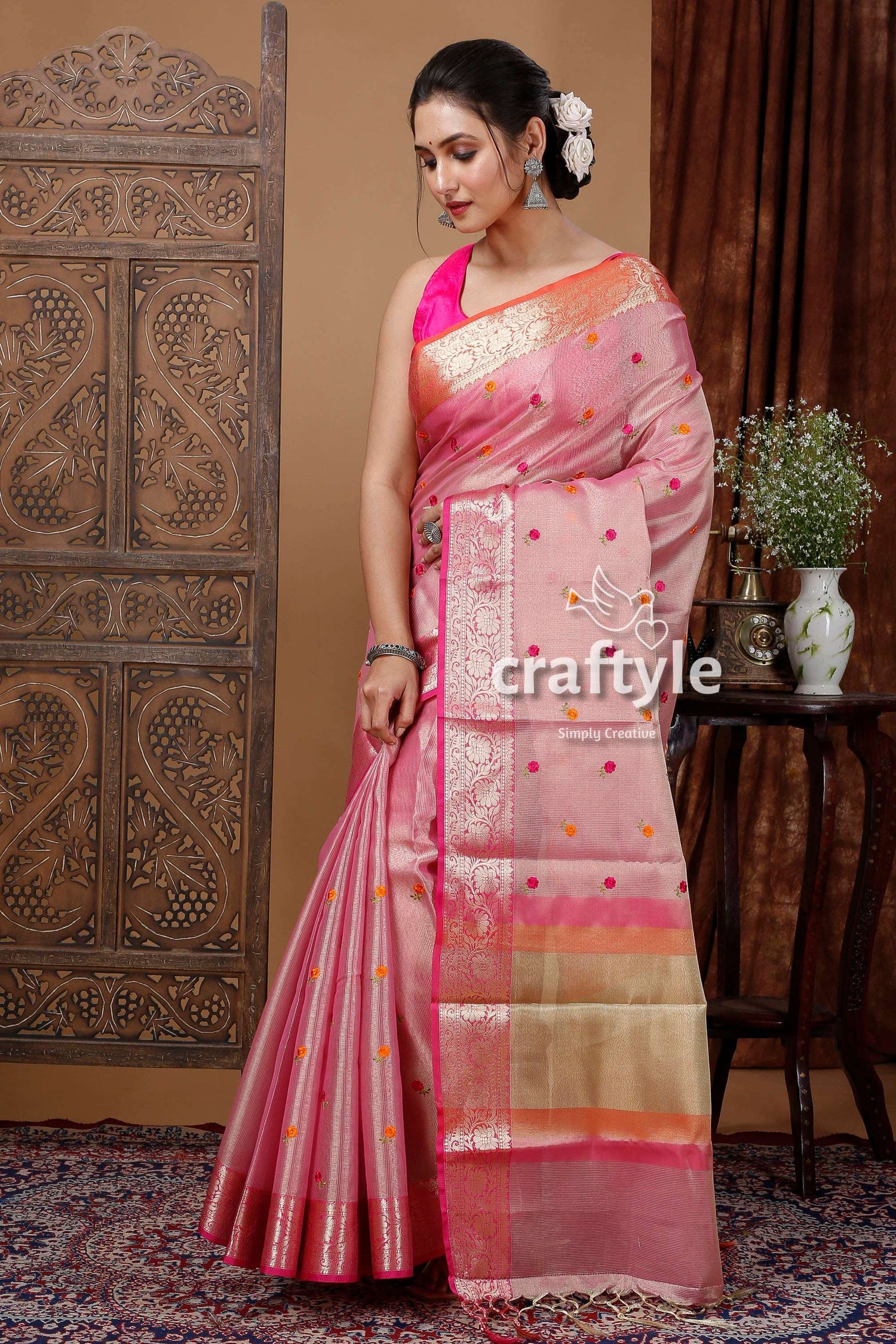 Careys Pink Soft Silk Tissue Organza Saree - Luxurious and Elegant - Craftyle