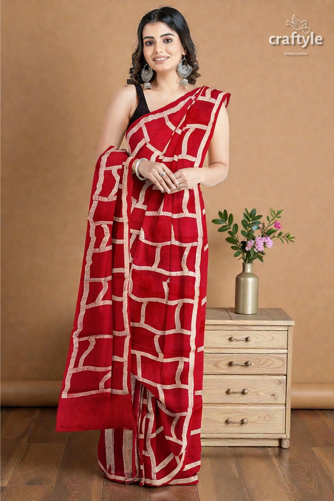 Carnation red and white hand batik mulberry pure silk saree 1