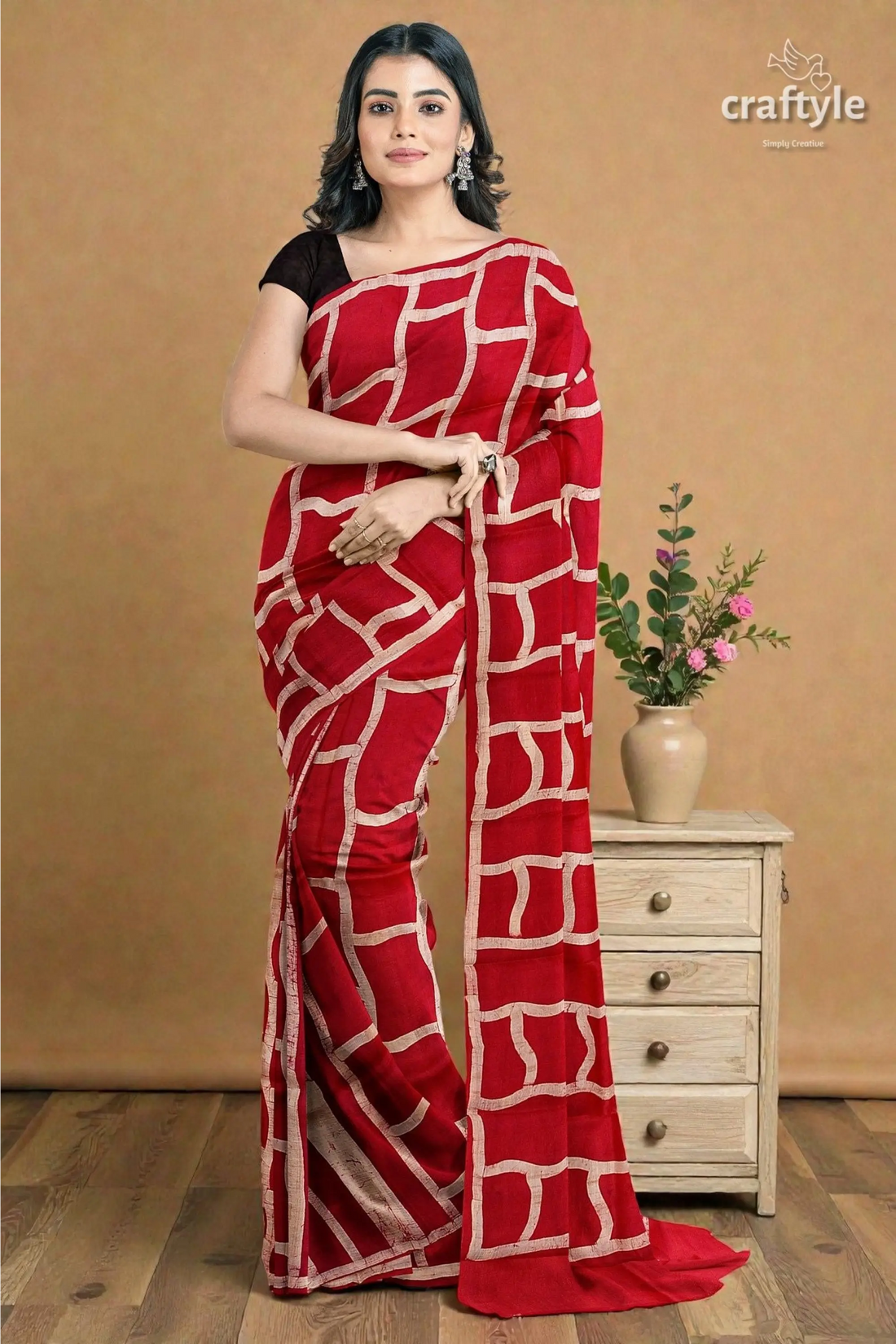 Carnation red and white hand batik mulberry pure silk saree 2