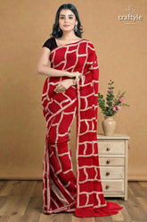 Carnation red and white hand batik mulberry pure silk saree vibrant red saree bold geometric 2