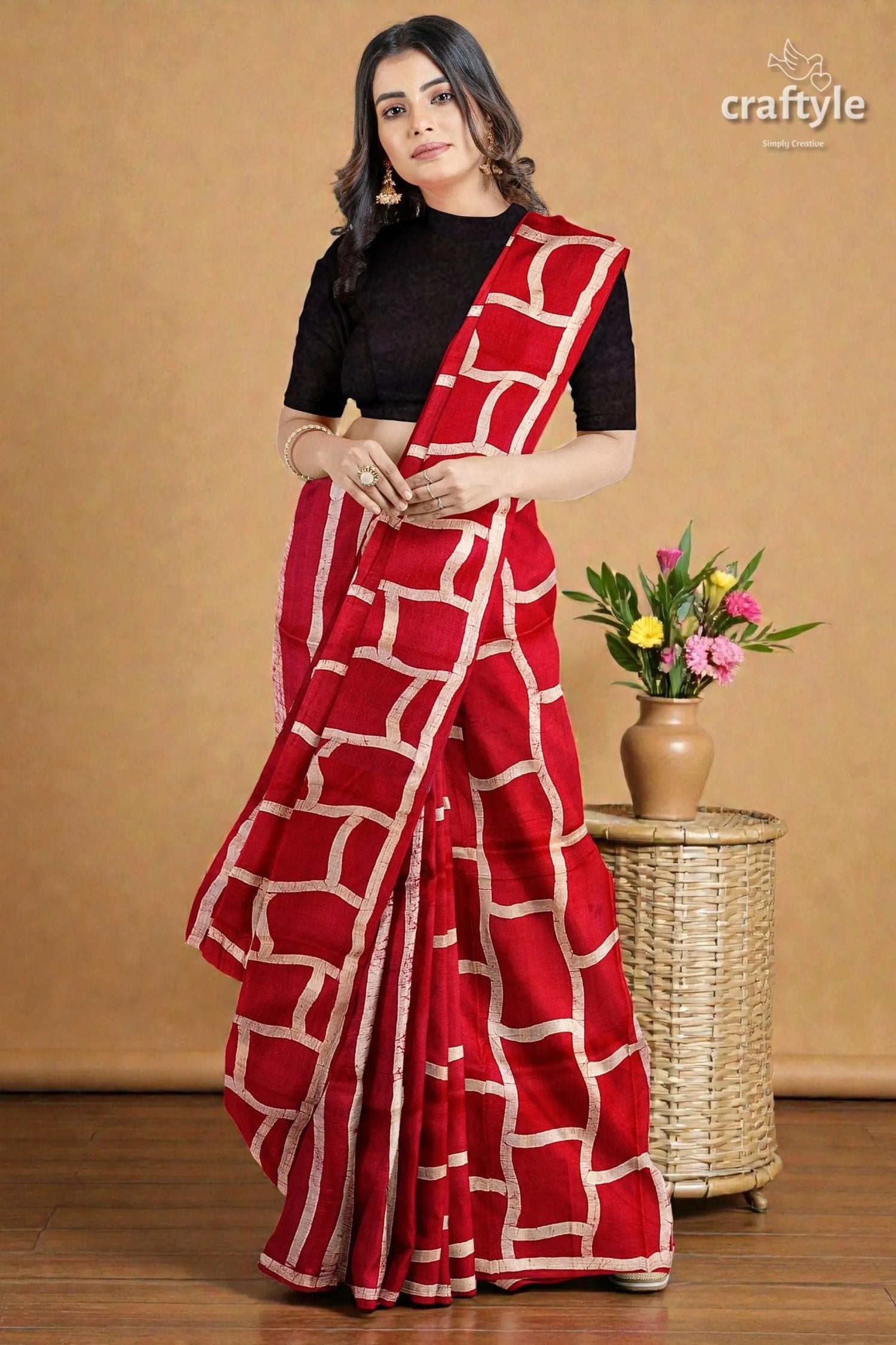Carnation red and white hand batik mulberry pure silk saree red saree bold geometric pattern 5