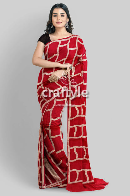 Carnation Red and White Hand Batik Mulberry Pure Silk Saree - Craftyle