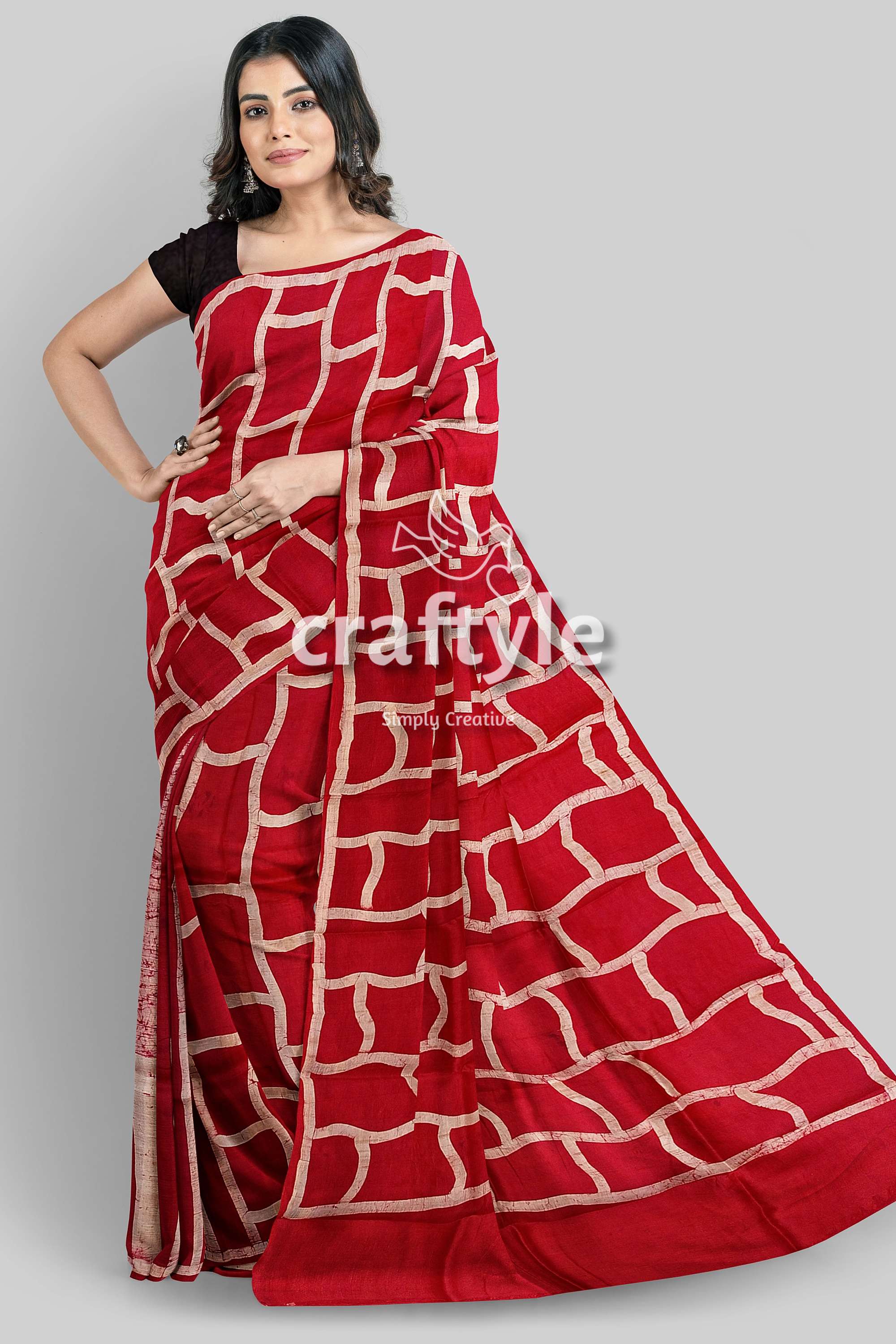 Carnation Red and White Hand Batik Mulberry Pure Silk Saree - Craftyle