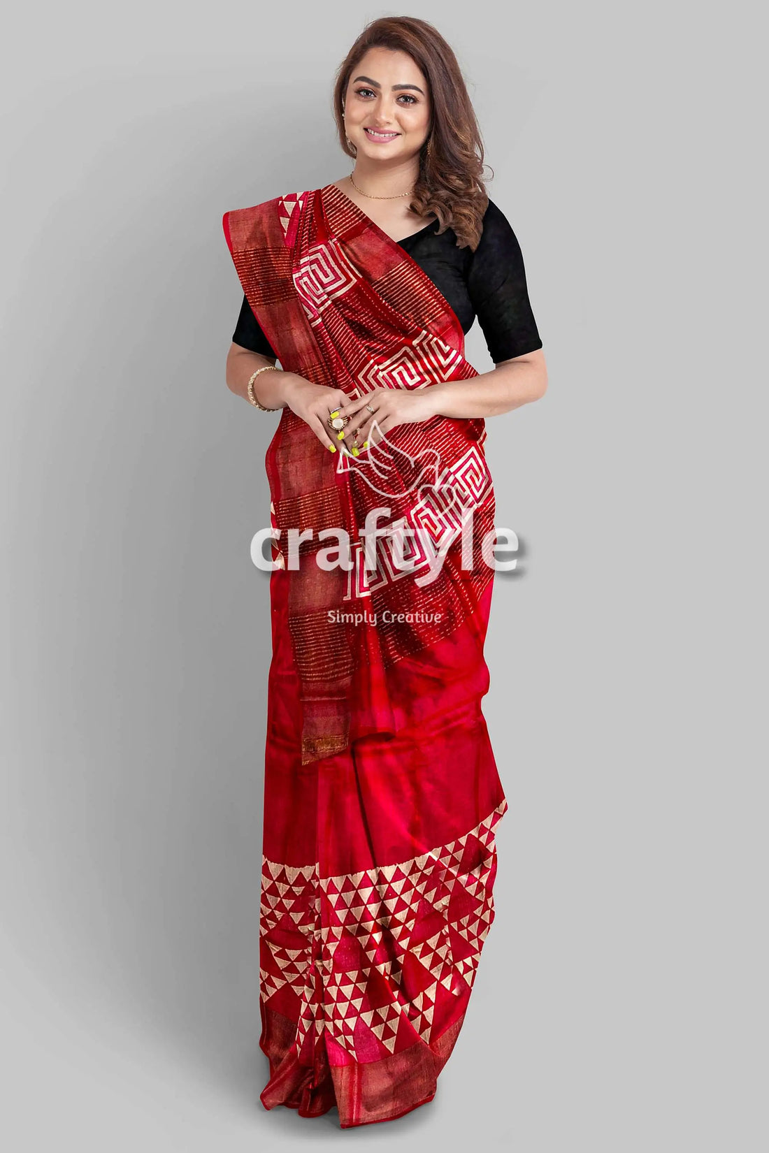 Carnelian red hand block print zari border pure tussar silk saree red saree geometric patterns 1