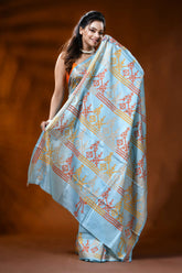Carolina blue silk kutch work saree with multi-thread geometric design 4
