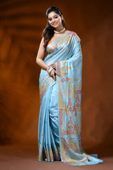 Carolina blue silk kutch work saree with multi-thread geometric design 6