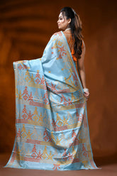 Carolina blue silk kutch work saree with multi-thread geometric design 5