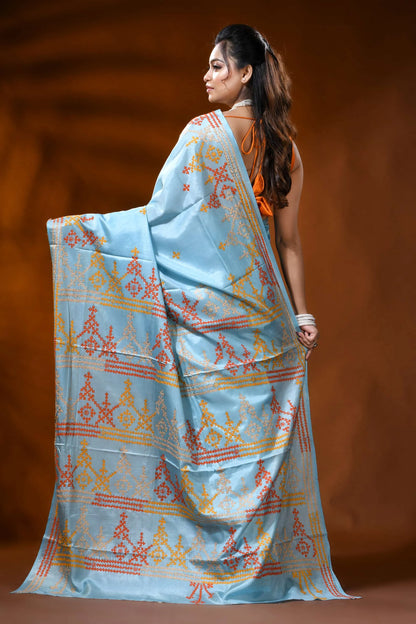 Carolina blue silk kutch work saree with multi-thread geometric design 5