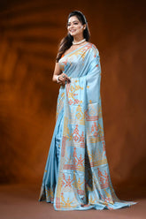 Carolina blue silk kutch work saree with multi-thread geometric design 3