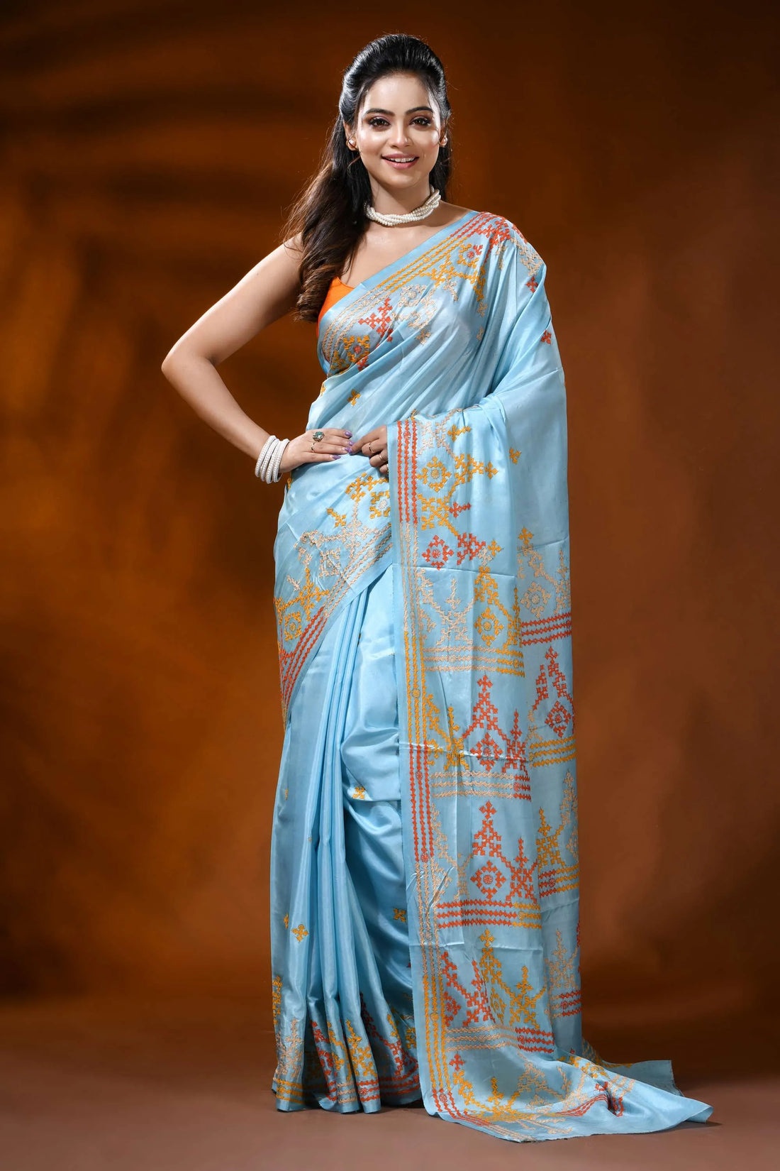 Carolina blue silk kutch work saree with multi-thread geometric design 1