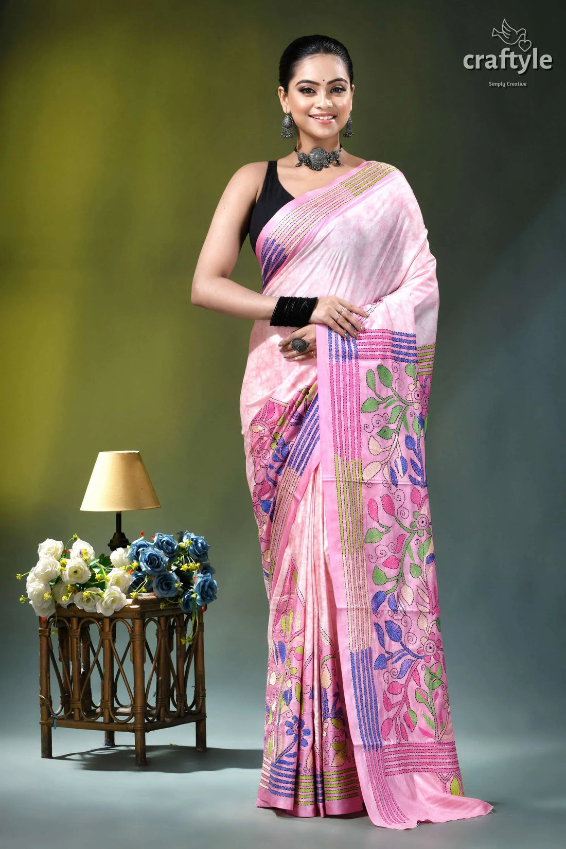 Carousel pink floral motif kantha embroidery hand batik silk saree pink silk saree intricate floral 1