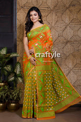 Carrot Orange and Green Soft Dhakai Jamdani Saree - Craftyle