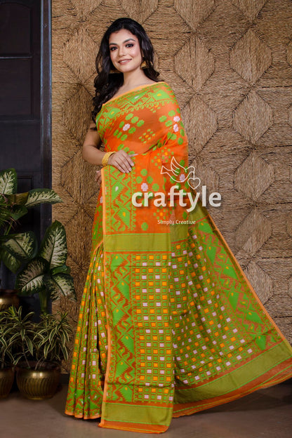 Carrot Orange and Green Soft Dhakai Jamdani Saree - Craftyle