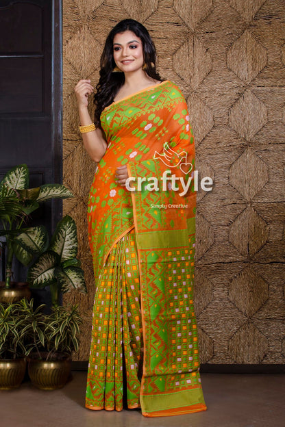 Carrot Orange and Green Soft Dhakai Jamdani Saree - Craftyle