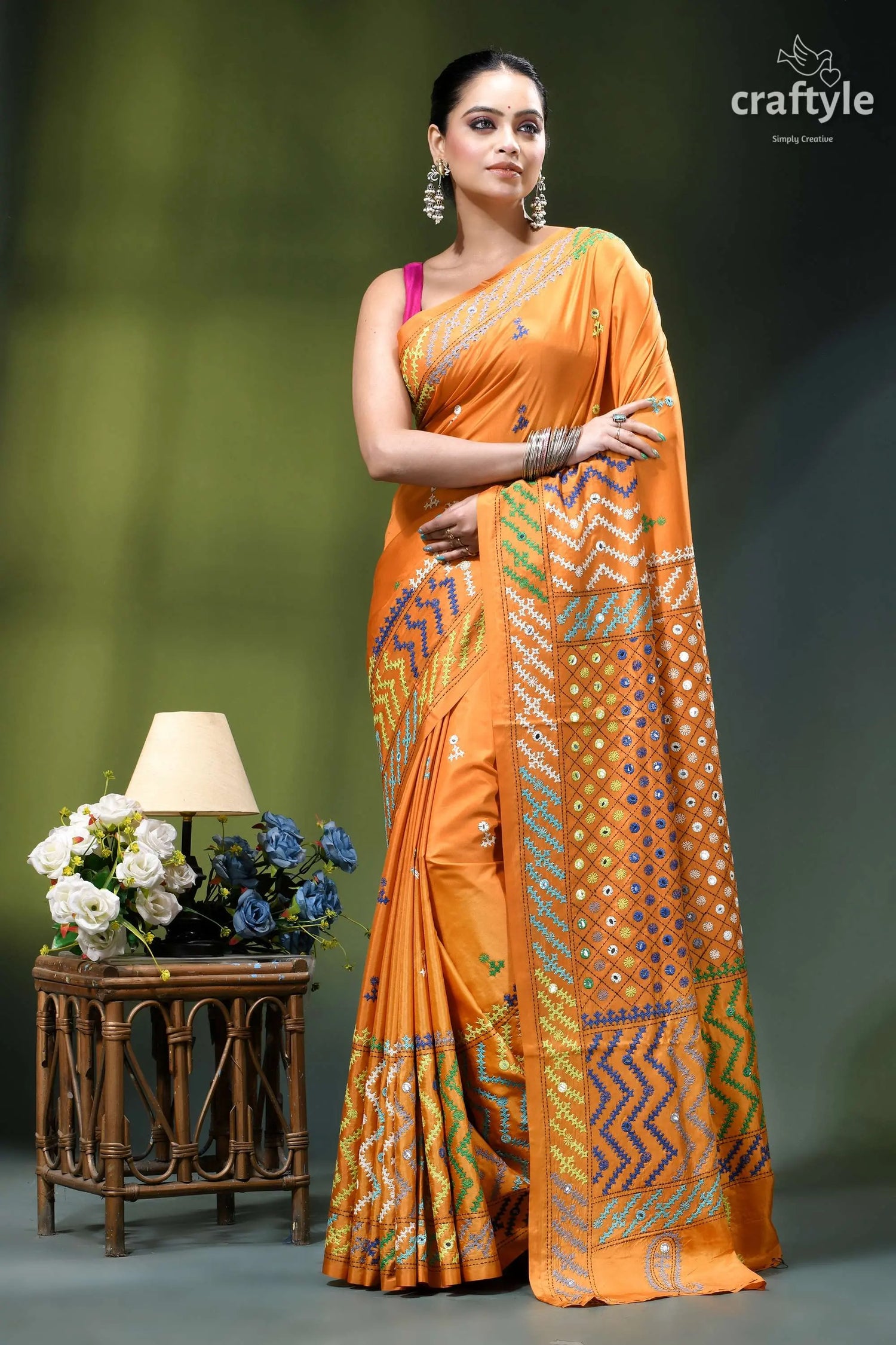 Carrot orange intricate gujrati stitched silk saree with mirror work vibrant orange saree intricate geometric 3