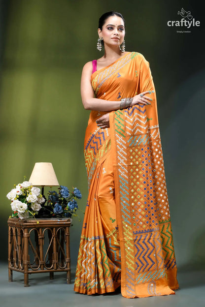 Carrot orange intricate gujrati stitched silk saree with mirror work vibrant orange saree intricate geometric 3