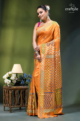 Carrot orange intricate gujrati stitched silk saree with mirror work orange silk saree intricate mirror 4