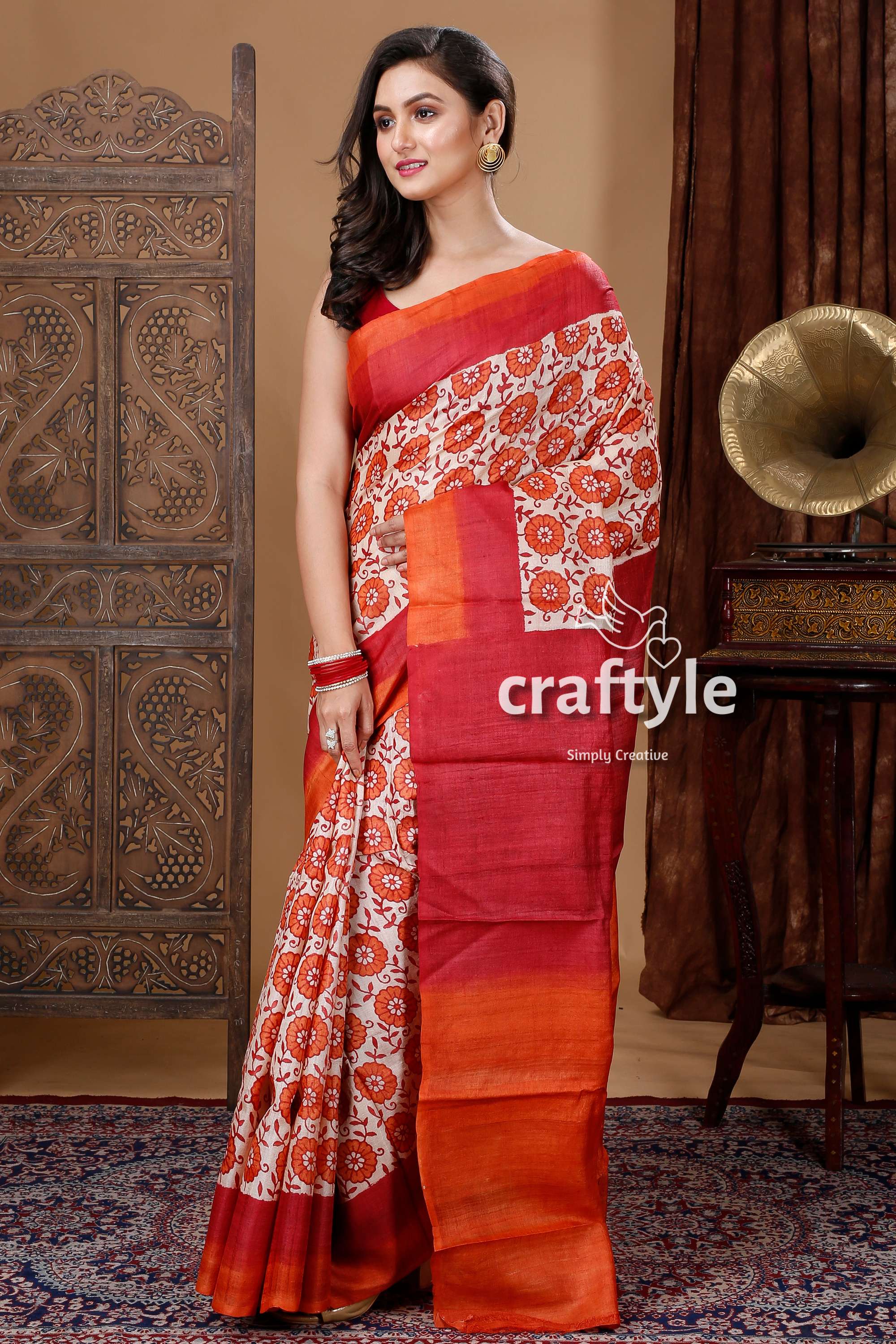 Carrot Orange &amp; Red Hand Block Print Pure Tussar Silk Sari - Craftyle